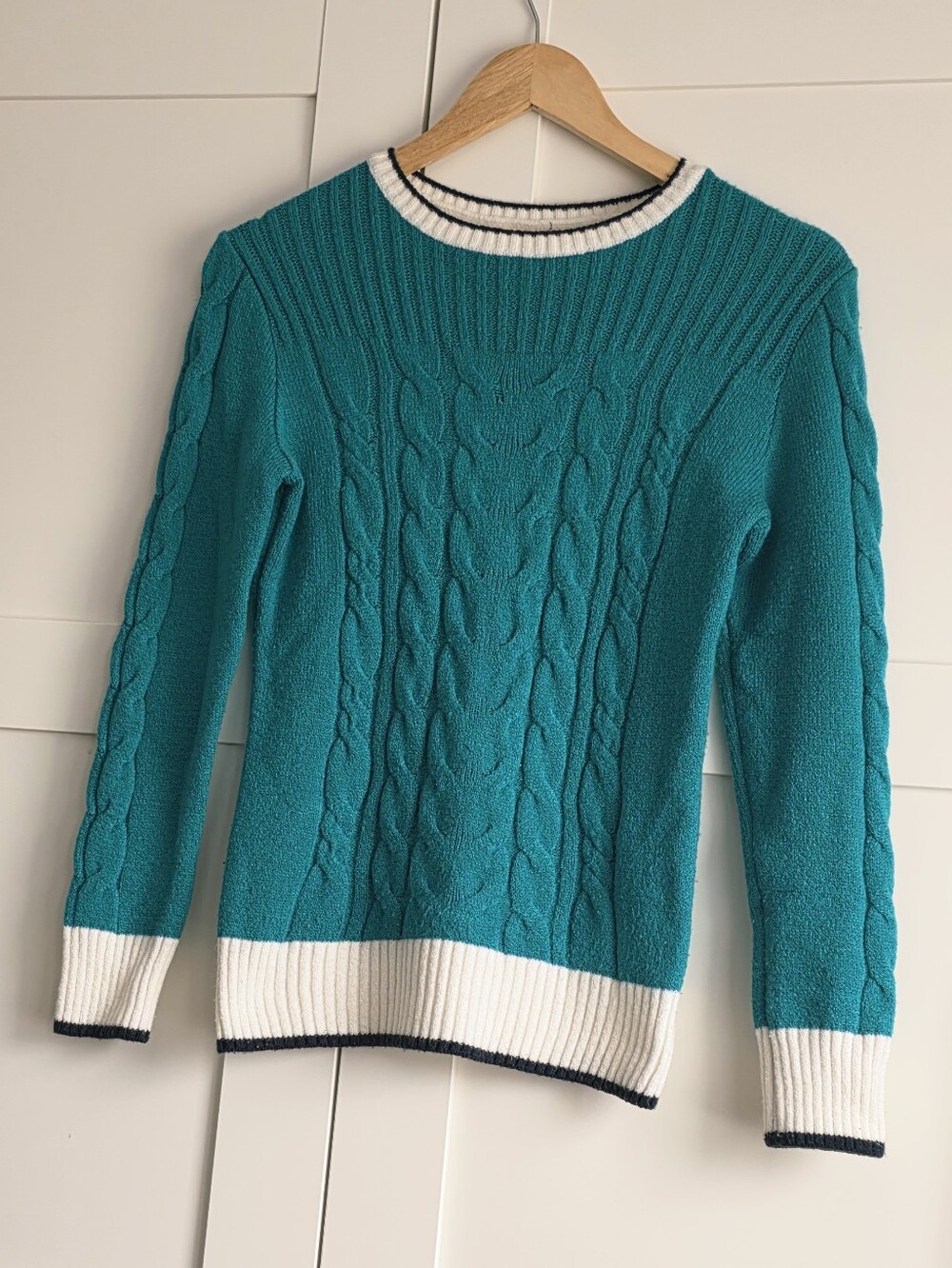 Teal Cable Knit Sweater with Contrast Trim